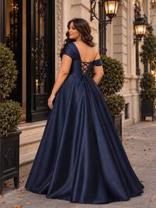 VIPGIRL Navy Blue Sequin Satin One-Shoulder High-Slit Women's Dress, Elegant Plus Size Evening Gown, Long Prom Dress, Wedding Guest Dress, Luxury Party Dress, - Navy Blue - View 2