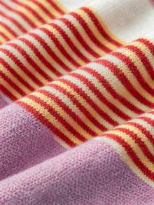 Just Masa Women's Fall Winter Casual Y2K Contrast Stripe Sweater,Ruffle Balloon Sleeve Button Up Sweater Cardigan,For Daily Wear,Going Out,Christmas - Pink - View 11