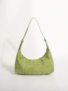 1pc Green Premium Fashion Suede Texture Crescent Bag, Double-Sided Rivet Decor, Underarm Bag, Suitable For Daily Commute, Shopping, Dating - Green - View 4