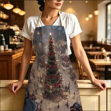 1pc Christmas Vintage Christmas Town Print Apron - Sleeveless Design, Durable And Comfortable Fit, Featuring Giant Christmas Tree In Square, Red Ribbon Lights And Snowy Old Street Architecture Pattern, Suitable For Cooking, Baking And Home Cleaning, Household Cleaning, Housework Apron, Hand-Painted Holiday Gardening Apron, Fun Christmas Holiday Gift - Multicolor - View 1