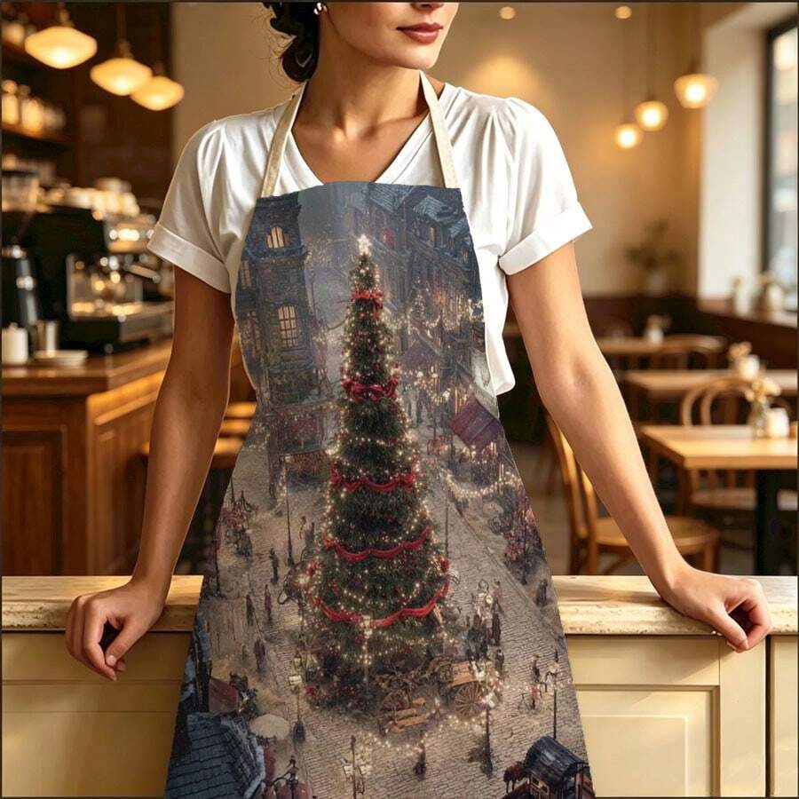 1pc Christmas Vintage Christmas Town Print Apron - Sleeveless Design, Durable And Comfortable Fit, Featuring Giant Christmas Tree In Square, Red Ribbon Lights And Snowy Old Street Architecture Pattern, Suitable For Cooking, Baking And Home Cleaning, Household Cleaning, Housework Apron, Hand-Painted Holiday Gardening Apron, Fun Christmas Holiday Gift - Multicolor - View 1