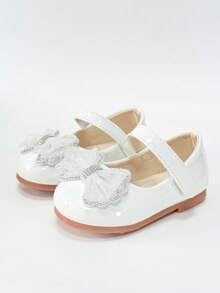 Girls' Baby White & Pink Dual-Tone Mesh Rhinestone Bow Glossy Mary Jane Flat Shoes With Hook-And-Loop Strap, Suitable For Banquet And Party - White - View 3