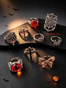 10/20pcs/Set Cincin Unisex Gaya Punk Gothic Vintage Halloween, Desain Mata Besar dan Bentuk Hati, Hadiah Pesta Liburan, Aksesori Pemakaian Sehari-hari untuk Teman - Cincin Halloween Merah Kupu-Kupu Mawar Gaya Punk - View 8