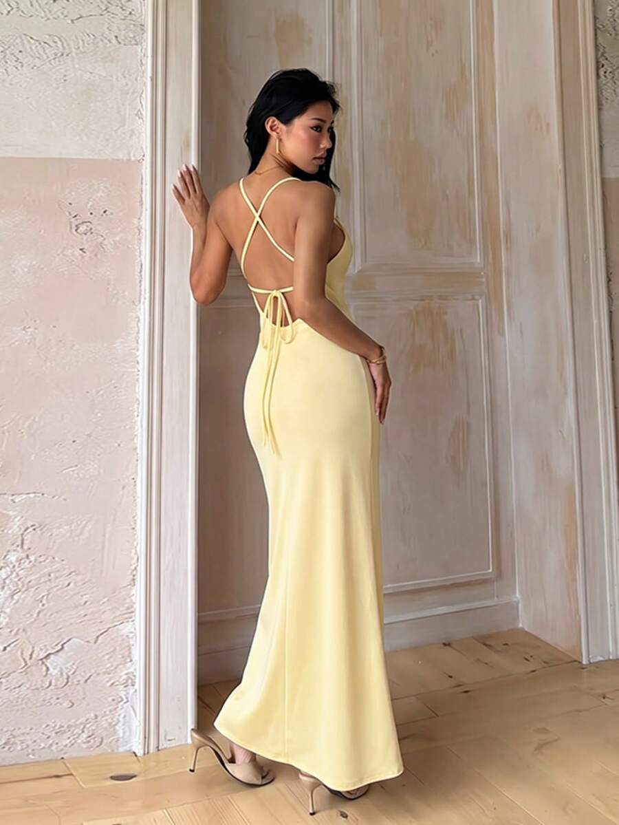 1pc Solid Color Elegant Knit Fabric Cross Strap Backless Pocket Dress For Party, Wedding, All Seasons - Yellow - View 1