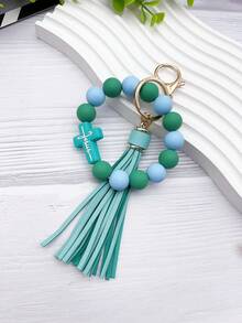 Cross Silicone Bead Bracelet Keychain, PU Tassel Wrist Key Ring, Colorful Beaded Bag Charm, Religious Faith Gift, Women's Bag Pendant - 428 - View 19