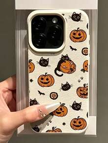 Phone Case: Pumpkin Cat Bat Pattern Drop-Proof Lychee Texture Phone Case, Compatible With Iphone 18 17 16 15 14 13 12 11 Plus Pro Max Series, Stylish And Full-Coverage Design, Ensuring A Perfect Fit And Lightweight Protection - Beige - View 1
