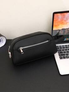 Handbag With Top Short Handle Design, Dual Zipper Closure, Multi-Compartment Storage. Structured Shape With Ample Space, Suitable For Daily Essentials And Travel, Minimalist Business Style. - Black - View 5