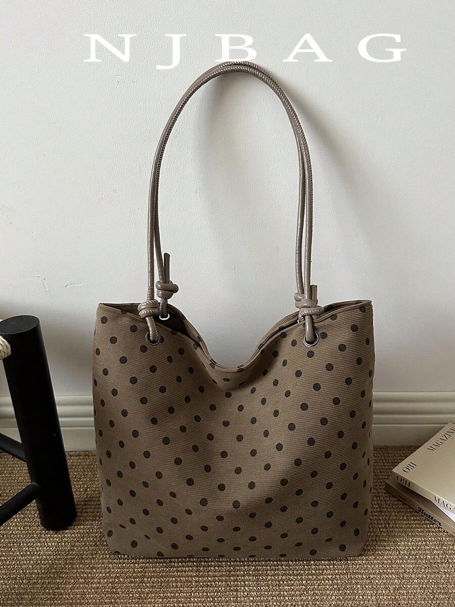 1pc Polka Dot Pattern Large Capacity Corduroy Shoulder Tote Bag, Polka Dot Shopping Bag, Mother's Day Gift, Foldable Suitable For School, Work, Travel, Suitable For Graduates, Teenagers, Students, Multi-Layer Design, Suitable For Beach, School, Work And Daily Use - Brown - View 1
