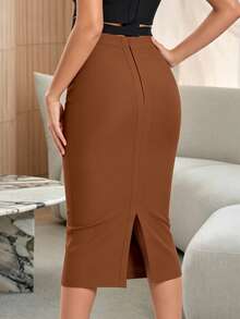 Rok Pensil Panjang Bodycon Seksi Wanita dengan Belahan Belakang, Elegan untuk Musim Semi, Warna Cokelat. - Coklat - View 2