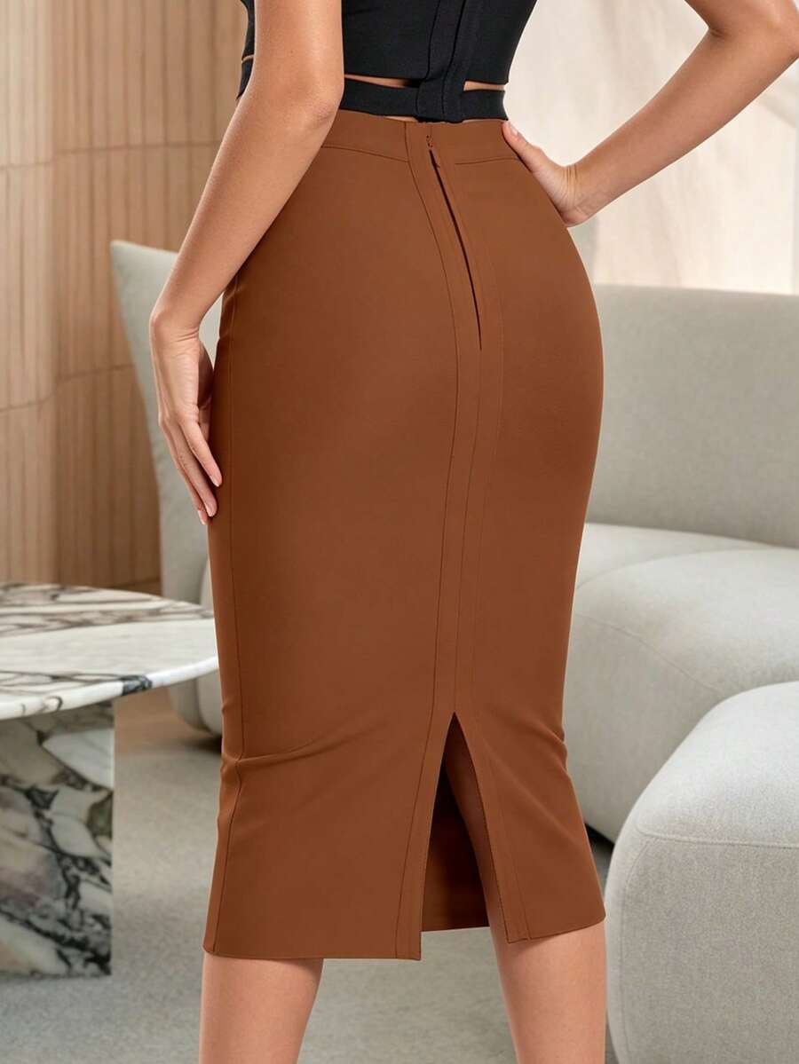 Rok Pensil Panjang Bodycon Seksi Wanita dengan Belahan Belakang, Elegan untuk Musim Semi, Warna Cokelat.
