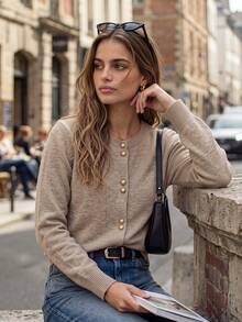 Women's Solid Color All-Match Knit Cardigan, Round Neck With Small Gold Button Design, Soft And Warm, Versatile Slim Fit Long Sleeve Top For Daily Commute, Office, Shopping, Dating And Home Leisure - Khaki - View 10