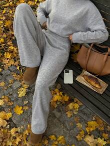 FOR BEAUTY Women's 2 Pieces Set Autumn/Winter Y2K Fashion Grey Round Neck Knit Top + Wide Leg Pants Loungewear Set Loose Sweater Airport Travel Outfit - White Ash - View 3