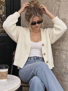 JIANHU Women's White V-Neck Button Knit Cardigan Long Sleeve Jacket For Autumn/Winter Christmas New Year - White - View 1