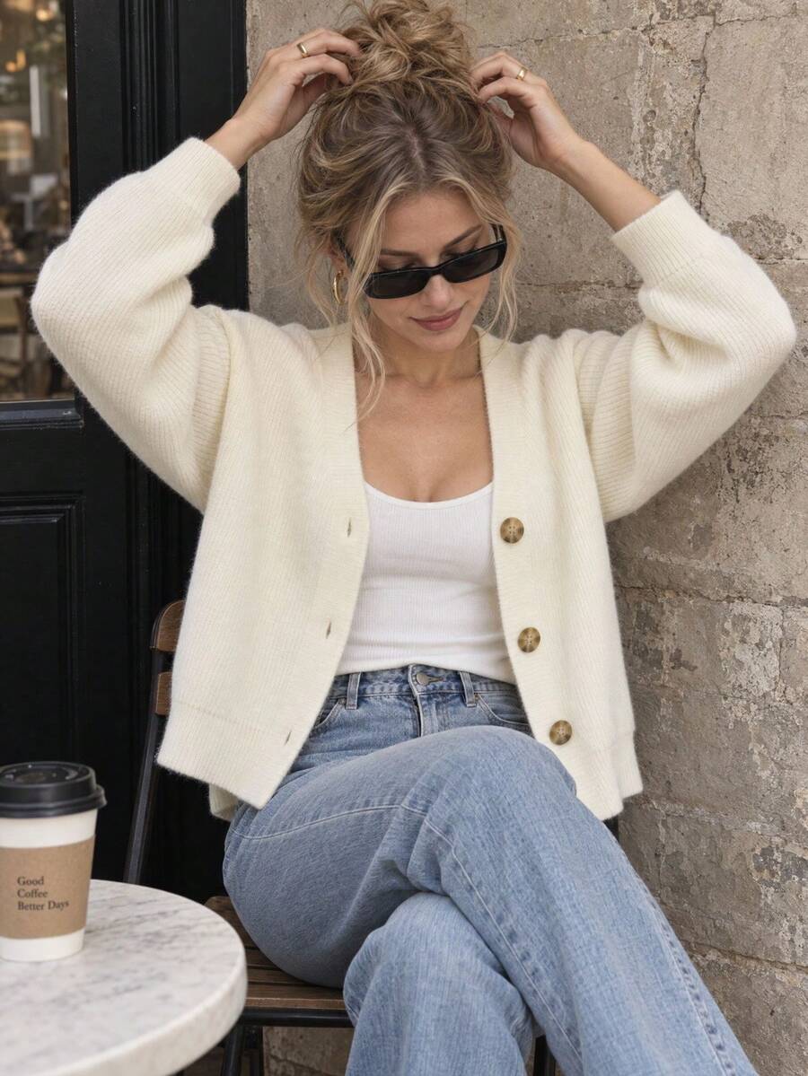 JIANHU Women's White V-Neck Button Knit Cardigan Long Sleeve Jacket For Autumn/Winter Christmas New Year - White - View 1