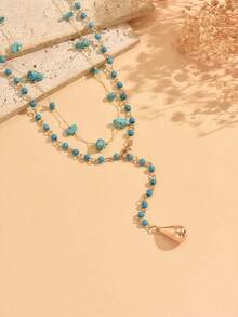 2pcs/Set Vintage Bohemian Turquoise Chain Decor Gold Water Drop Pendant Y-Shaped Necklace, Fashion Women's Neck Jewelry Suitable For Daily Casual Wear And Date Photography, Handmade Chain Cut By Length With Random Number Of Sections, Turquoise Beads Random In Number, Size And Shape - Multicolor - View 2
