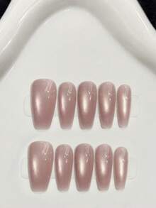 10pcs Medium Almond Shaped Handmade Press-On Nails, Glossy Nude Pink Cat Eye Press-On Nails, Simple Elegant Fake Nails, Suitable For Autumn/Winter Daily Wear, For Girls And Women's Holiday Parties And Daily Wear - Dusty Rose - View 8