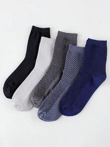 5 Pairs Men's Solid Color Honeycomb Mesh Jacquard Breathable Sweat-Wicking Odor-Resistant Soft Classic Business Mid-Calf Socks, Suitable For Work - Multicolor - View 7