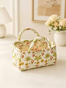Floral Fabric Storage Basket With Handle, Quilted Organizer, Suitable For Bedroom, Bathroom, Closet, And Shelf, Portable Clothing And Cosmetic Storage Box, Home Decor, Shelf Baskets - Multicolor - View 13
