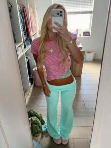 Women's Folded High Waist Flared Long Pants, Solid Color Wide Leg Long Trousers, Daily Street Casual Wear - Mint Green - View 4