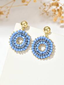 1 Pair Fashion Minimalist Elegant Braided Rope Handmade Beaded Hollow Round Hoop Earrings, Suitable For Women's Daily, Vacation, Party Wear - Blue - View 3