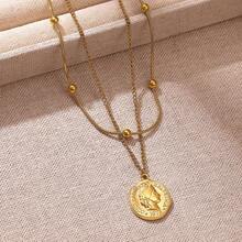 1pc Stainless Steel Asymmetrical Human Portrait Coin Necklace, Ins Style Vintage Minimalist Clavicle Chain For Women - Yellow Gold - View 6
