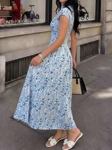 Women's Blue New Spring/Summer Stand Collar Short Sleeve Maxi Dress, Ruched Waist, Flared Hem, Soft Fabric - Blue - View 2