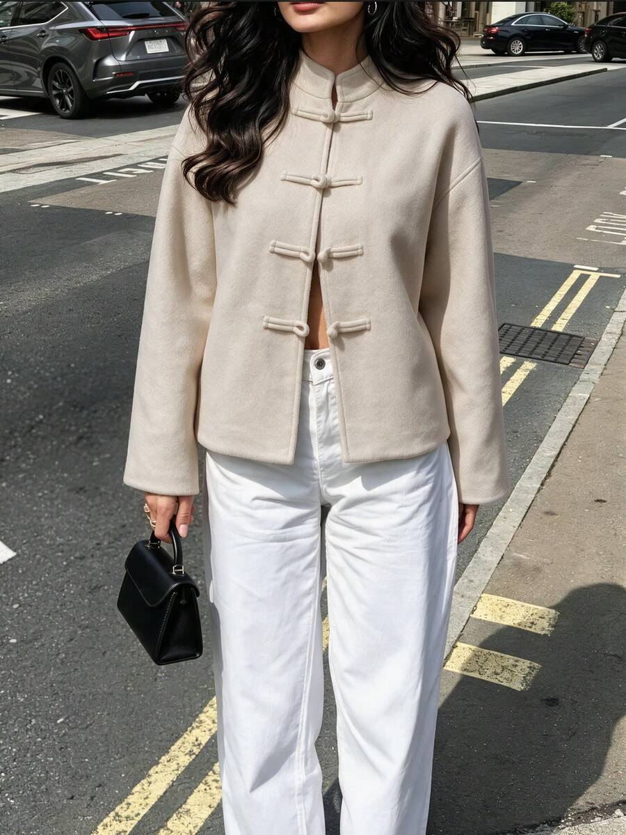 Novelle Women Vintage Elegant Beige Winter Cropped Wool Jacket, Frog Button Mandarin Collar, Loose Fit, For Wedding Guest Tea Party Family Gathering - Apricot - View 1