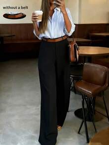 Women's Drapey Wide Leg High Waist Straight Leg Suit Pants, Versatile Slimming For Autumn/Winter - Black - View 2