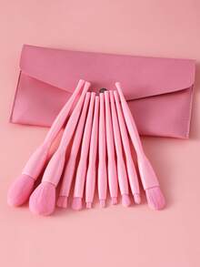 11 Pcs Total Makeup Brush Kit, 10 Pcs Pink Makeup Brushes, 1 Pc Pink Storage Bag. Fluffy Soft Bristles Pick Powder Evenly, Help Users Create Gentle And Natural Daily Makeup Look Easily - Pink - View 2
