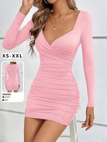 Elegant Ruched Waist Deep V-Neck Long Sleeve Mini Dress, New Arrival Spring/Summer Pink - Pink - View 4