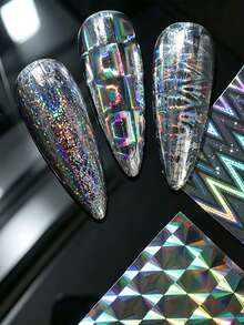 10Pcs Autumn Holographic Laser Nail Transfer Foil Set,Rainbow Iridescent Geometric Checker Wave Circle Pattern Nail Art Stickers,Shiny Starry Sky Sliders,DIY Manicure Decals For Party Holiday Nail Gel Decoration - Multicolor - View 2