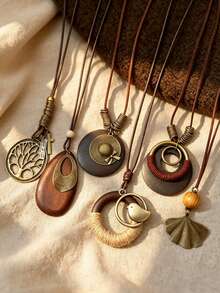 6pcs Bohemian Style Wooden And Copper Pendant Leather Cord Necklace, Lightweight Vintage Versatile Wearable Accessory - 6Pcs Long Necklace - View 1