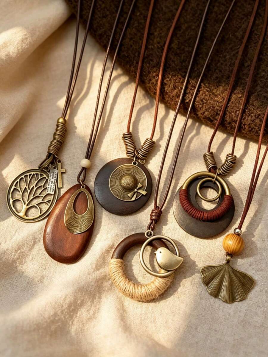 6pcs Bohemian Style Wooden And Copper Pendant Leather Cord Necklace, Lightweight Vintage Versatile Wearable Accessory - 6Pcs Long Necklace - View 1