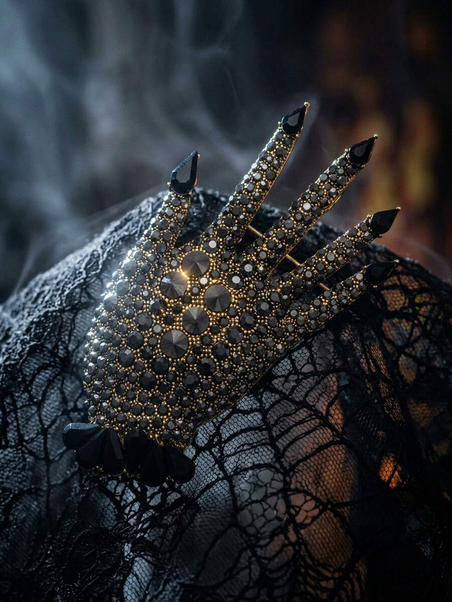 دبوس بروش يد ساحرة قوطي أسود مرصع بالراينستون للهالوين، قطعة واحدة، بتصميم مخيف مع كريستال على شكل قطرة وخدش، شارة ياقة مميزة، مجوهرات حفلات وهدية للنساء بأسلوب Y2K