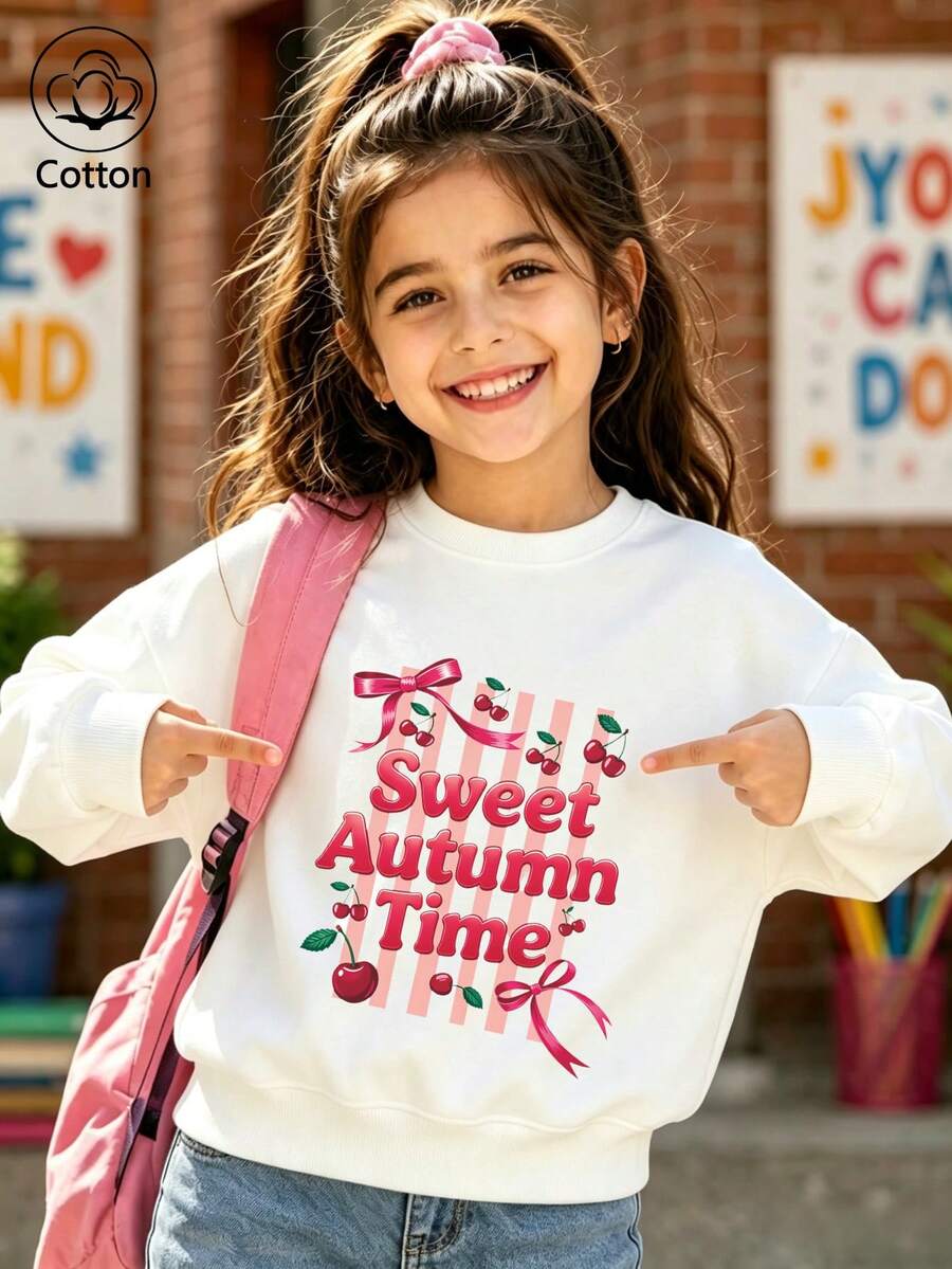 Sweet Autumn Cherries, Girly Children's Clothing With Pink Bows - White - View 1