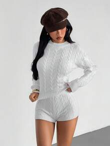 VENORA Stylish Women's White Cable Knit Bodycon Sweater And Shorts Set, Rib-Knit Design, Daily Casual,Sexy,Y2k,Fall/Winter,Halloween - White - View 5