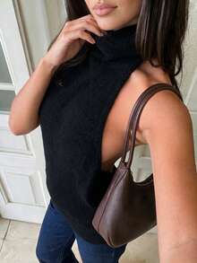 Women's New Dark Gray Halter Neck High Neck Knitted Tank Top - Black - View 4