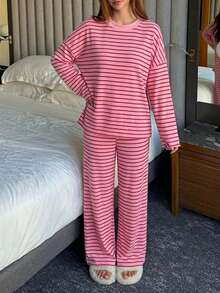 DAZY Women's Casual Striped Print Loose Round Neck Long Sleeve Pajama Set, Comfortable Loungewear Set - Rose Red - View 4
