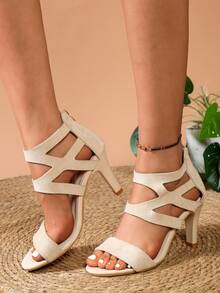 Sandal Hak Tinggi Romawi Wanita Modis, Sandal Berlubang dengan Resleting Belakang Terbuka, Gaya Bohemian, Cocok untuk Liburan dan Pesta - Krem - View 4