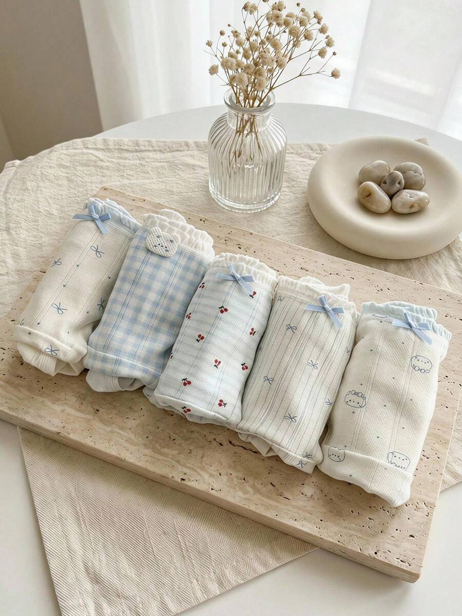 DAZY 5pcs/Set Japanese Style Cute Blue Plaid & Floral Cotton Thin Women's Triangle Panties - Multicolor - View 1