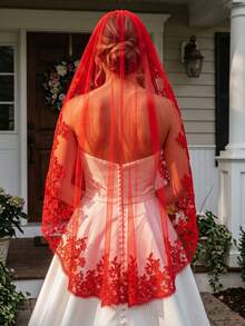 1 Pc Red Wedding Veil Lace Fingertip Length Bridal Veil With Comb For Theme Wedding Halloween Costumes - Multicolor - View 10