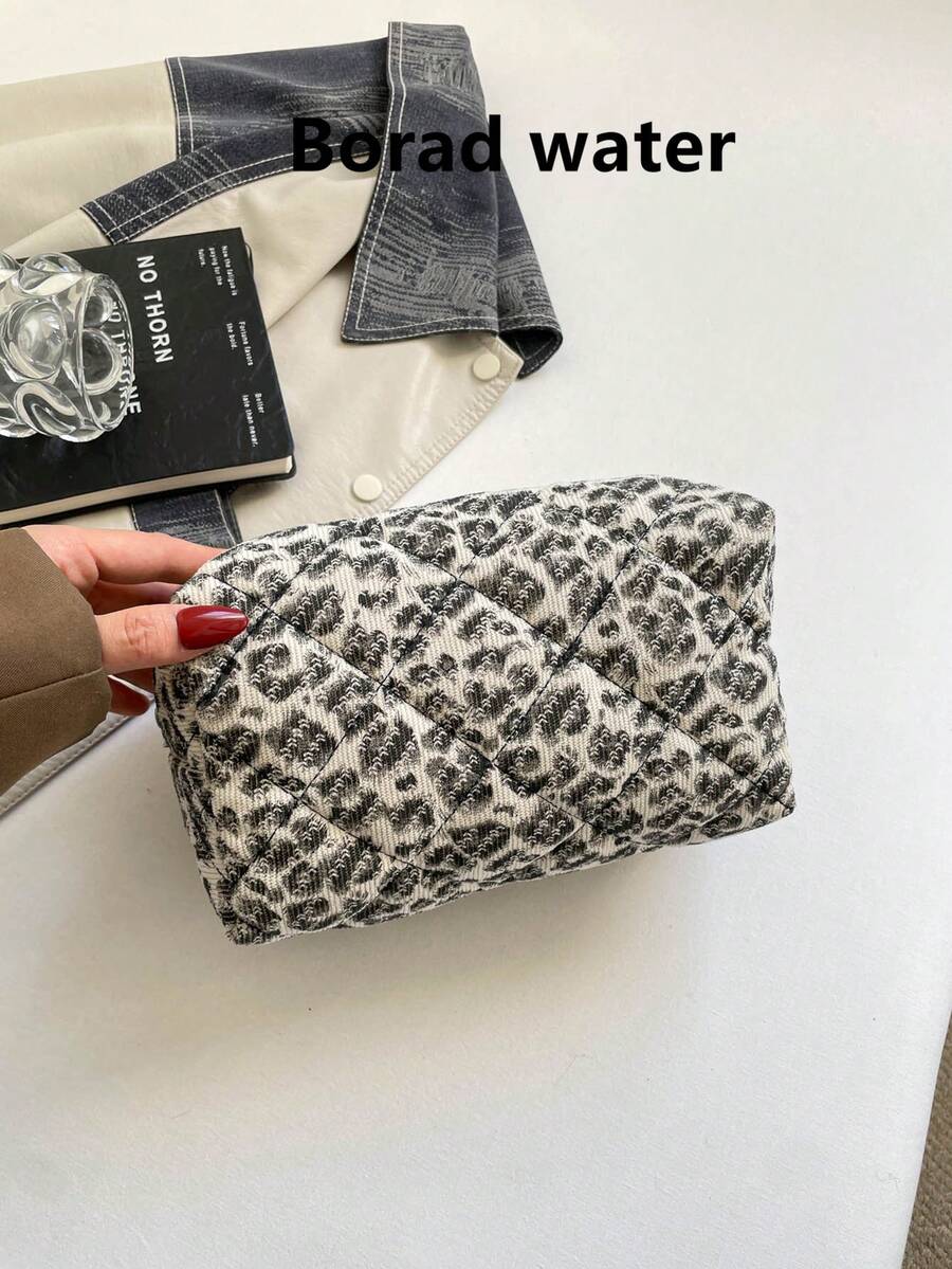 豹紋時尚多用途絎縫刺繡格紋加厚化妝包 學生筆袋 菱格紋燈芯絨休閒手拿包 保暖羽絨收納袋