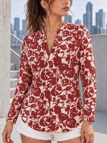 Women's Red Floral Print Button Front Blouse, Long Sleeve V Neck Shirt With Curved Hem For Work And Weekend Wear - Red - View 2