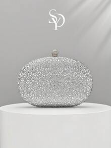 1pc Silver Rhinestone Clutch Bag, Shiny Hard Case Evening Bag, Suitable For Women's Wedding And Formal Occasions - Silver - View 1