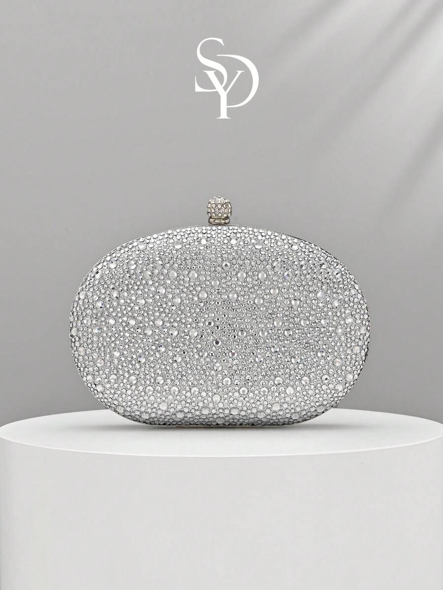 1pc Silver Rhinestone Clutch Bag, Shiny Hard Case Evening Bag, Suitable For Women's Wedding And Formal Occasions - Silver - View 1