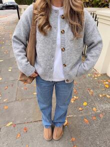 Just Masa Women's Fall Casual Elegant Cardigan,Round Neck Button Up Long Sleeve Loose Basic Solid Color Knitwear,For Daily Wear,Travel,Date,Going Out - Grey - View 6