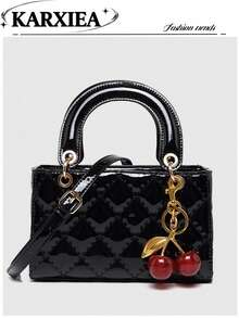 1pc PU Leather Bag, Horizontal Burgundy Color Handbag For Women, Versatile New Summer Lacquered Quilted Tote Bag, Structured Small Bag - Multicolor - View 4