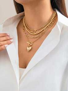 1 buah Set Kalung Manik-manik Hati Emas Minimalis untuk Wanita, Serbaguna, Elegan, Mewah, Desain Tinggi, Rantai Tebal, Kalung Berlapis-lapis - Emas - View 3