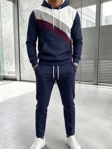 Men's Business Color Block Hoodie And Pants Set - Multicolor - View 3