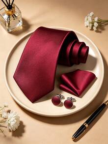 3pcs/Set Men's Pinstripe Tie, Pocket Square, Cufflinks Combination Set, Suitable For Business, Commute, Banquet, Party, Wedding - Burgundy - View 2